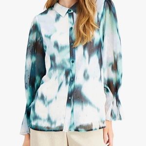 NWT Alfani  Beautiful Sz. M Blouse Teal & White with Gold Specs